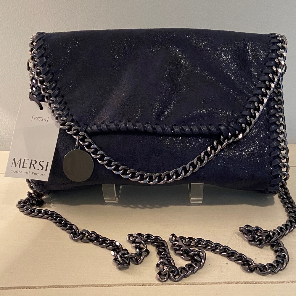 Mersi Vegan Faux Leather Chain Link Crossbody Bag Navy Shimmer Gunmetal New